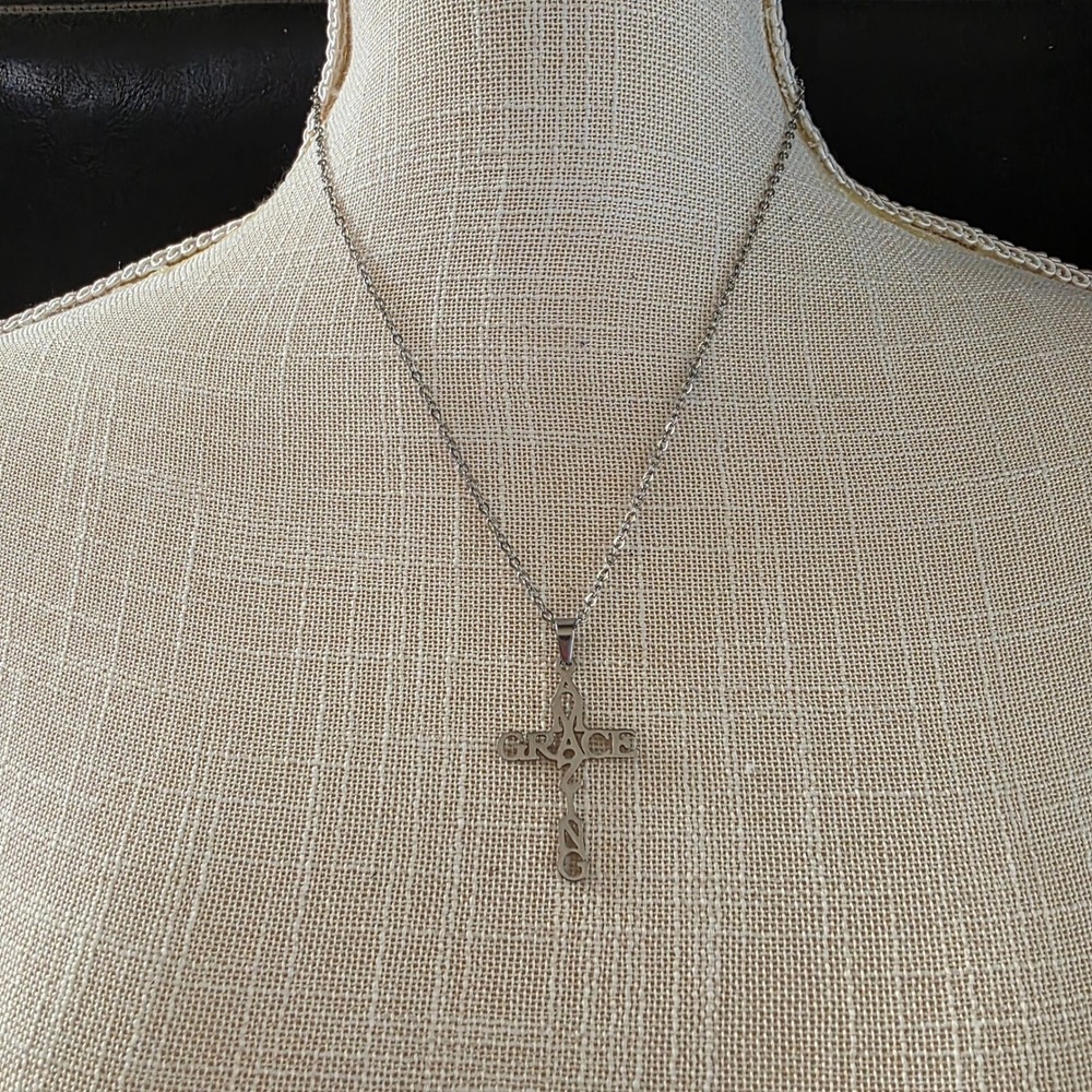 Silver Tone Cross Necklace Amazing Grace Inspirational Religious Jewelry
